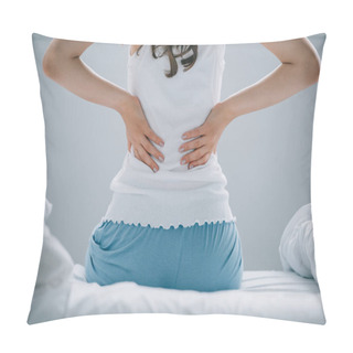 Personality  Back View Of Young Woman In Pajamas Suffering From Back Pain On Bed Pillow Covers