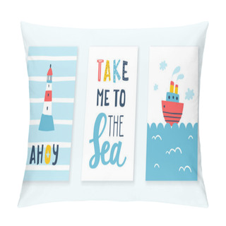 Personality  Doodle Sea Nursery Poster Set With Lettering. Cartoon Watercraft Baby Prints For Wall Art And Apparel. Pillow Covers