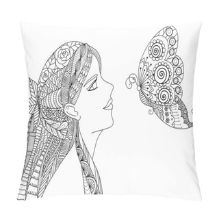 Personality  Zentangle Pretty Girl Looking At Flying Butterfly Design  For Coloring Book For Adult Pillow Covers
