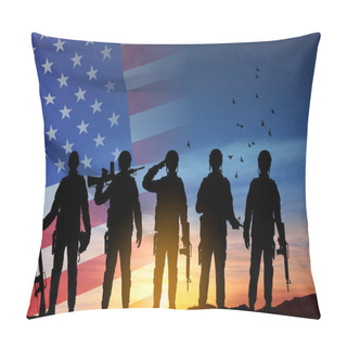 Personality  Silhouette Of Army Soldier With USA Flag. Greeting Card For Veterans Day, Memorial Day, Independence Day. Armed Force Concept. EPS10 Vector Pillow Covers