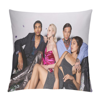 Personality  Group Of Four Interracial Friends In Festive Attire Sitting On Shiny Confetti After Christmas Party Pillow Covers