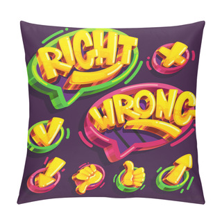 Personality  Right And Wrong Icon Cartoon Set On A Dark Background. Vector Speech Bubble. Comic Yellow Letters Pillow Covers