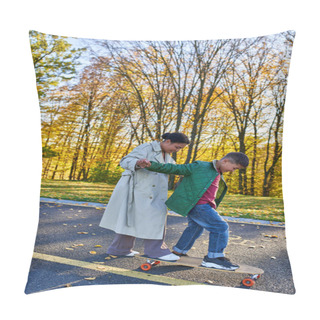 Personality  Mother And Son, Bonding, Autumn, Happy African American Woman Holding Hands With Boy On Penny Board Pillow Covers