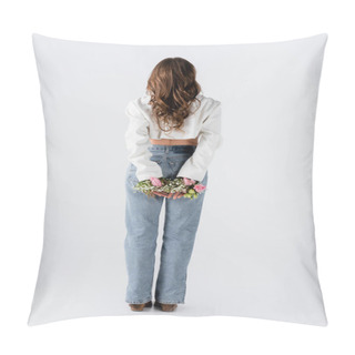 Personality  Back View Of Woman With Flowers In Sleeves Of Jacket Standing On Grey Background  Pillow Covers