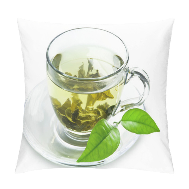 Personality  Cup With Green Tea And Green Leaves. Pillow Covers