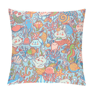 Personality  Cute Bunnies Mermaid Seamless Pattern, Blue Doodle Sealife Nursery Texture Pillow Covers