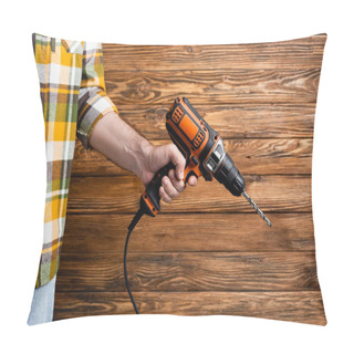 Personality  Cropped View Of Workman With Electric Drill Near Wooden Wall, Labor Day Concept Pillow Covers