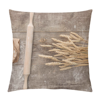 Personality  Top View Of Wheat Spikes, Rolling Pin And Flour Package On Wooden Table Pillow Covers