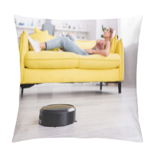 Personality  Selective Focus Of Robotic Vacuum Cleaner On Floor Pillow Covers