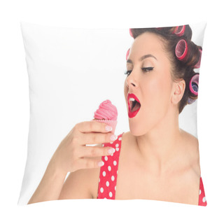 Personality  Close-up Portrait Of Plus Size Woman Eating Cupcake Isolated On White Pillow Covers