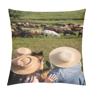 Personality  Back View Of Blurred Family And Cattle Dog Near Flock Grazing In Grassy Field Pillow Covers