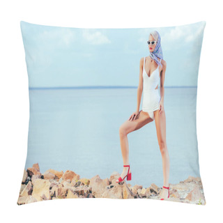 Personality  Woman Posing In White Vintage Swimsuit And Silk Scarf Pillow Covers
