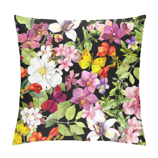 Personality  Summer Flowers And Butterflies On Black Background. Chic Floral Pattern. Watercolor Pillow Covers