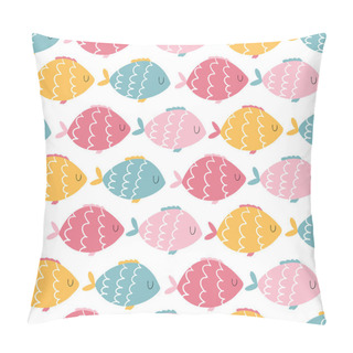 Personality  Funny Fishes Seamless Pattern. Vector Colorful Characters In Hand-drawn Cartoon Scandinavian Style. Ideal For Baby Textiles, Clothing, Wallpaper, Packaging, Etc Pillow Covers