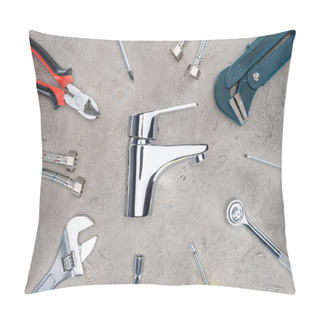 Personality  Top View Of Water Mixer Surrounded With Various Tools On Concrete Surface Pillow Covers