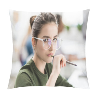 Personality  Serious Teenage Girl With Pencil Pillow Covers