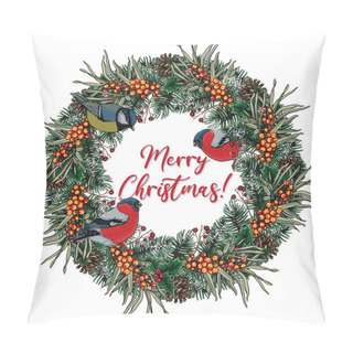 Personality  Christmas Wreath Of Branches Of A Christmas Tree, Cones, Sea Buckthorn, Bullfinch Birds And Titmouse With The Inscription Merry Christmas! Souvenirs, Congratulations, Postcard For The New Year. Pillow Covers