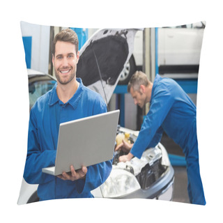 Personality  Smiling Mechanic Using A Laptop Pillow Covers