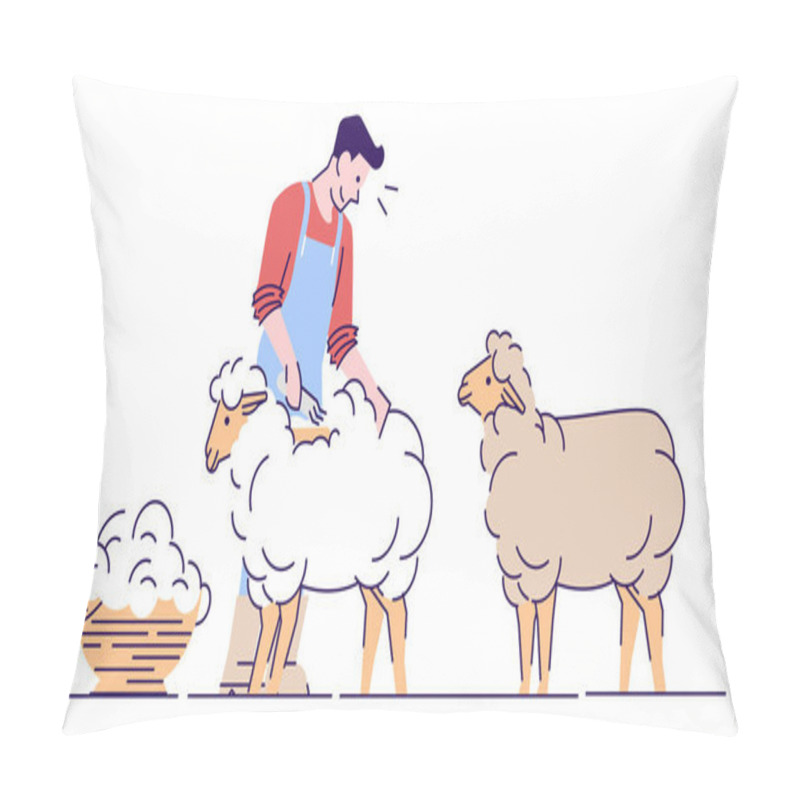 Personality  Male farmer shearing sheep flat vector character. Wool production. Livestock farming, domestic animal husbandry isolated cartoon concept with outline. Shearer, farm worker cutting merino wool pillow covers