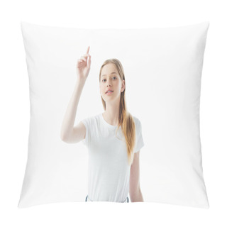 Personality  Teenage Girl With Raised Hand Isolated On White Pillow Covers