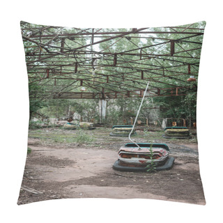 Personality  PRIPYAT, UKRAINE - AUGUST 15, 2019: Bumper Cars In Abandoned Amusement Park Near Trees Pillow Covers