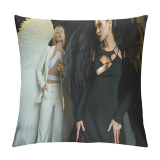Personality  Women In Costumes Of Angel And Demon On Black Backdrop, Biblical Battle Of Good Vs Evil Concept Pillow Covers