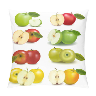Personality  Set Of Red And Green Apple Fruits With Cut And Green Leaves. Vector Illustr Pillow Covers