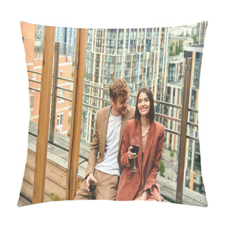 Personality  A Smiling Couple Relaxes With A Glass Of Wine, Embraced By The Warmth Of The Setting Sun And The Cityscape Pillow Covers
