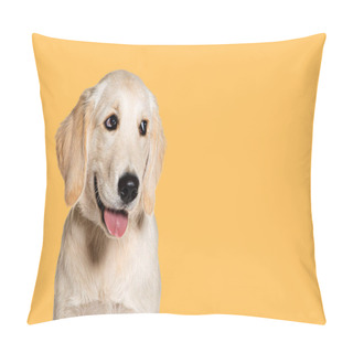 Personality  Happy Panting Puppy Golden Retriever Looking Away, Four Months Old, Agaisnt Pastel Yellow Background Pillow Covers