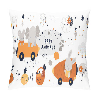 Personality  Childish Collection With Cute Baby Animals Characters. Animals In Cars: Bunny, Mouse, Elephant. Vector Cartoon Doodle Set With Hand Drawn Boho Elements For Design: Clouds, Stars, Fruits Pillow Covers