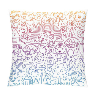 Personality  Vector Set Of Back To School Icons In Doodle Style. Painted, Colorful, Pictures On White Background. Pillow Covers