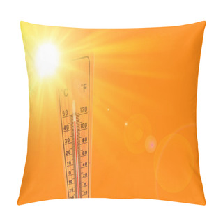 Personality  Orange Illustration Representing The Hot Summer Sun And The Environmental Thermometer That Marks A Temperature Of 45 Degrees Pillow Covers