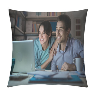 Personality  Married Couple At Home Using A Laptop Pillow Covers
