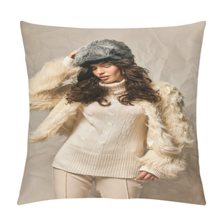 Personality  Gorgeous Woman In White Faux Fur Jacket, Hat And Sweater Posing On Grey Backdrop, Warm Colors Pillow Covers