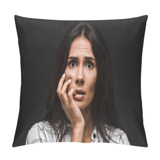 Personality  Scared Young Woman Touching Face Isolated On Black  Pillow Covers