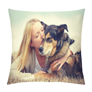 Personality  Woman Tenderly Hugging And Kissing Pet Dog Pillow Covers