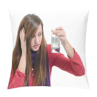 Personality  Woman Taking Pills Holding A Glass Of Water In Office Pillow Covers