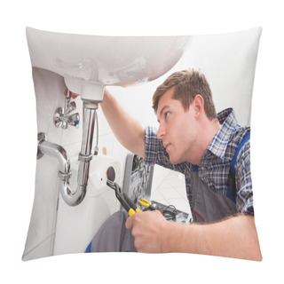 Personality  Young Plumber Fixing A Sink In Bathroom Pillow Covers