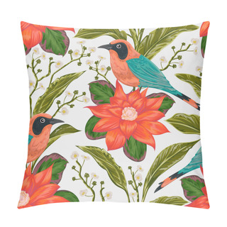 Personality  Seamless Pattern With Tropical Birds, Flowers And Leaves. Exotic Flora And Fauna. Vintage Hand Drawn Vector Illustration In Watercolor Style Pillow Covers