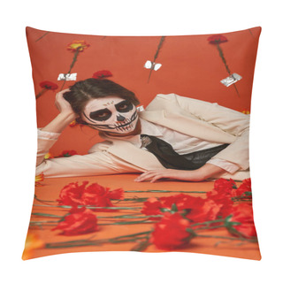 Personality  Elegant Woman In Sugar Skull Makeup And White Suit Lying Down Near Carnations In Red Studio Pillow Covers