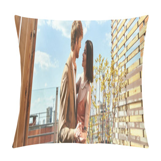 Personality  A Man And A Woman Stand Together, Their Bodies Angled Towards Each Other, Radiating A Sense Of Harmony And Connection Pillow Covers