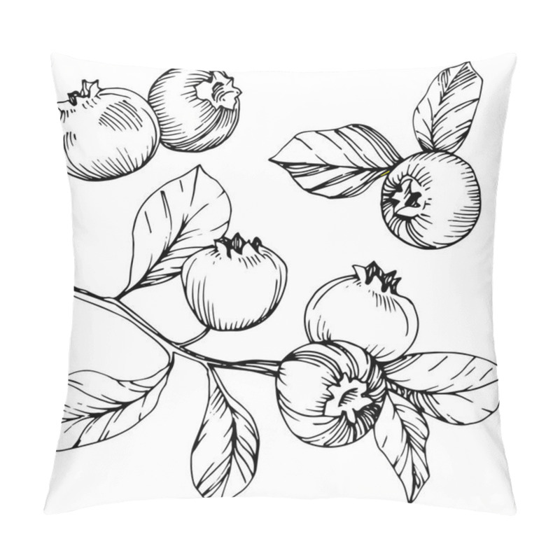 Personality  Vector Blueberry Black And White Engraved Ink Art. Berries And Leaves. Isolated Blueberry Illustration Element. Pillow Covers