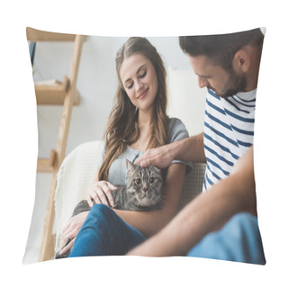 Personality  Happy Young Couple Petting Cat At Home While Sitting On Floor Pillow Covers