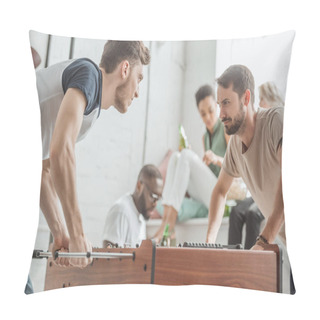 Personality  Young Men With Facial Expression Playing Table Football With Friends Sitting Behind  Pillow Covers