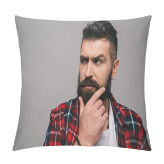 Personality  Suspicious Bearded Man In Checkered Shirt Thinking Isolated On Grey Pillow Covers
