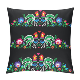 Personality  	 Polish Folk Art Embroidery With Roosters - Traditional Folk Pattern - Wzory Lowickie On Black  Pillow Covers