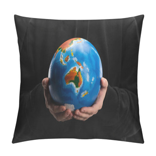 Personality  Cropped View Of Globe In Female Hands Isolated On Black, Global Warming Concept Pillow Covers