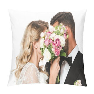 Personality  Young Bride And Groom Covering Faces With Bridal Bouquet Isolated On White Pillow Covers