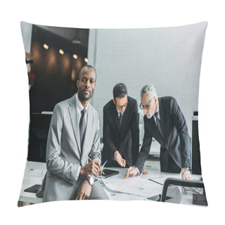 Personality  African American Businessman Looking At Camera While Business Colleagues Discussing Work In Office Pillow Covers