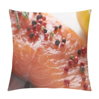 Personality  Close Up View Of Uncooked Fresh Salmon With Spicy Pepper Pillow Covers